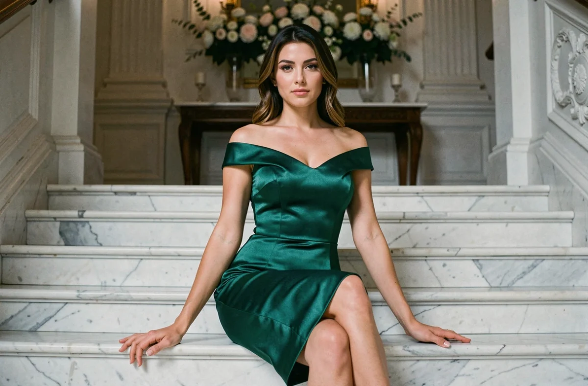 Femme assise en robe de cocktail verte émeraude satin sur un escalier en marbre lors d'un mariage élégant