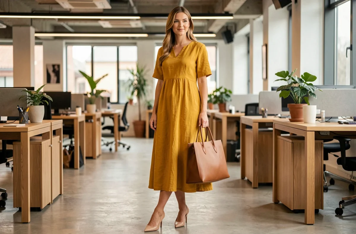 Femme portant une robe mi-longue jaune moutarde au bureau en open space avec sac en cuir camel et escarpins nude