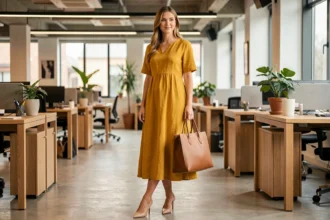 Femme portant une robe mi-longue jaune moutarde au bureau en open space avec sac en cuir camel et escarpins nude