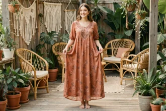 Femme portant une robe hippie maxi à broderies florales terracotta dans un intérieur bohème avec plantes et décoration en rotin