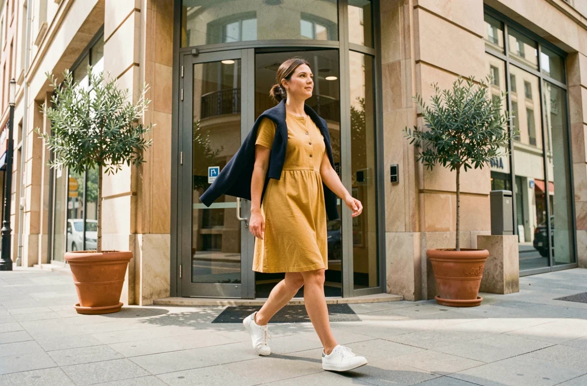 Femme en robe jaune dorée et cardigan marine marchant devant l'entrée d'un immeuble de bureaux en ville