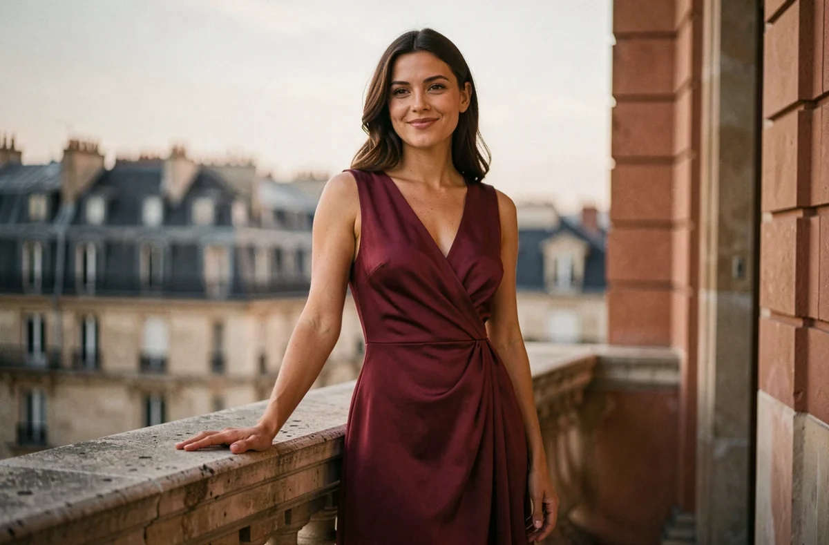 Femme en robe midi Johanna Paris bordeaux élégante et décontractée sur une terrasse parisienne au coucher du soleil