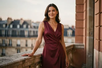 Femme en robe midi Johanna Paris bordeaux élégante et décontractée sur une terrasse parisienne au coucher du soleil