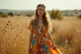 Femme en robe maxi à imprimés floraux style hippie années 70 dans une prairie dorée