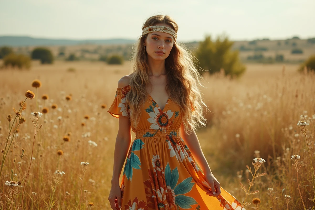 Femme en robe maxi à imprimés floraux style hippie années 70 dans une prairie dorée