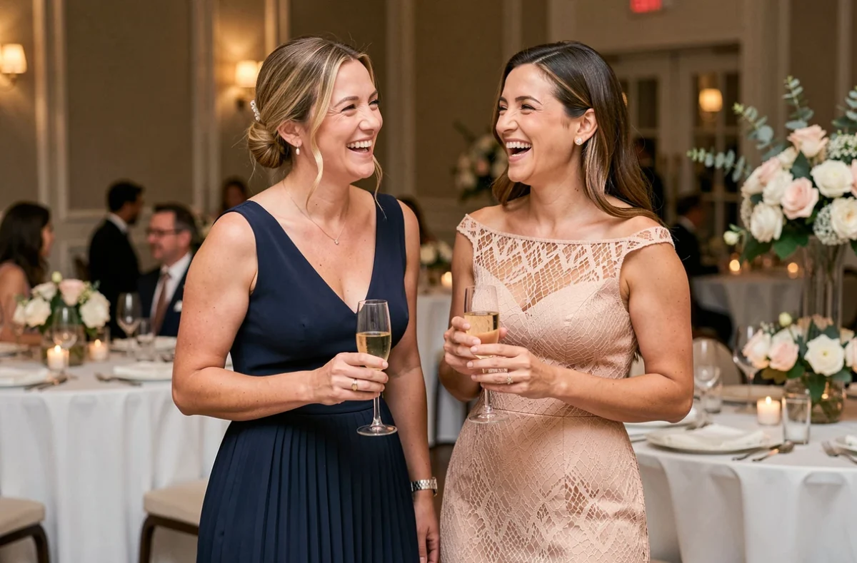 Deux femmes en robes de cocktail bleu marine et beige dentelle riant à une réception de mariage chic