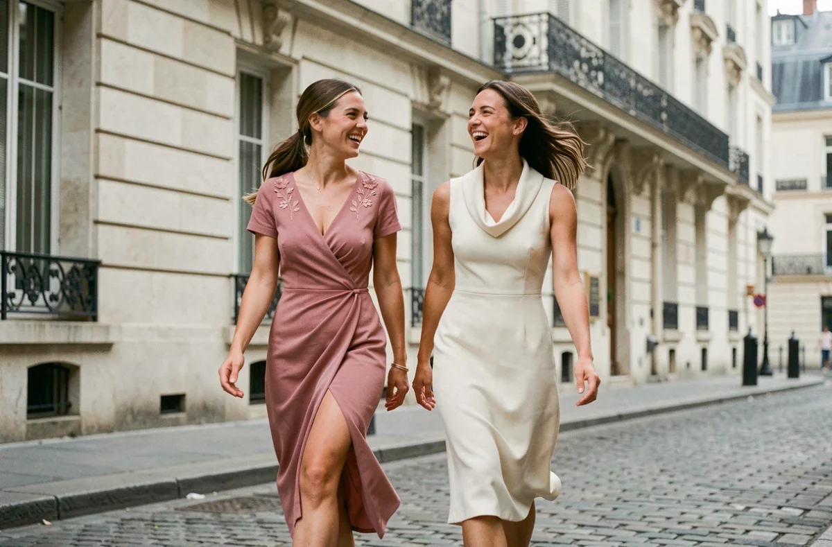 Deux femmes en robes élégantes et décontractées Johanna Paris se promenant dans le Marais à Paris