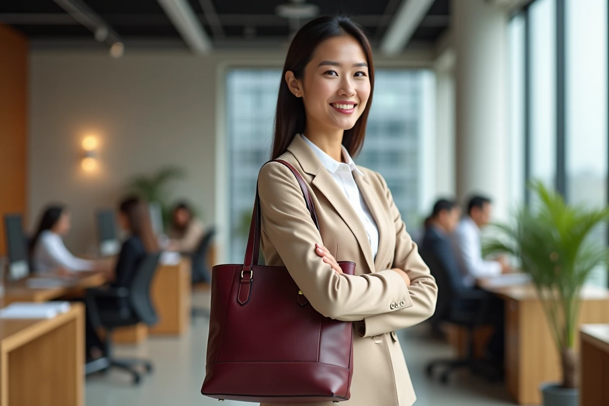 Femme professionnelle tenant un sac de travail en cuir bordeaux structuré dans un bureau moderne tendance 2026