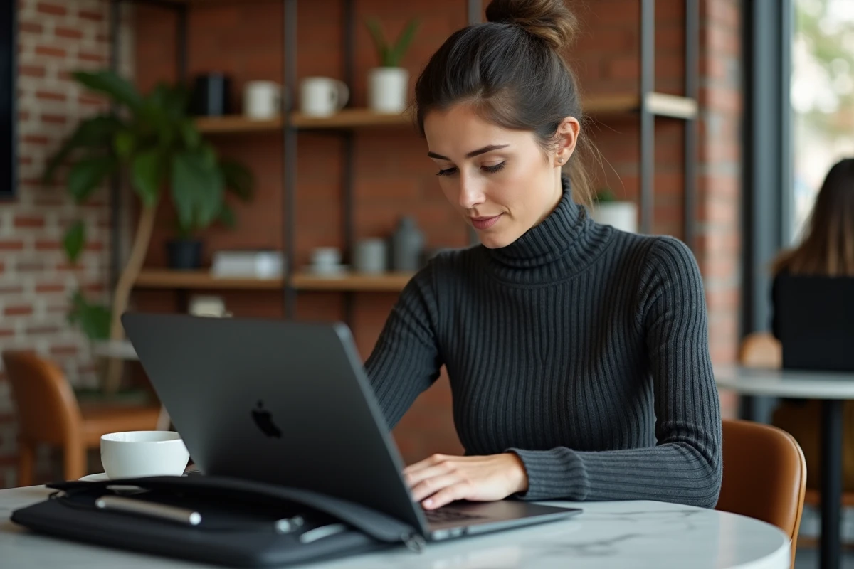 Femme assise en café travaillant avec un sac professionnel noir mat ouvert et ordinateur portable style tendance 2026