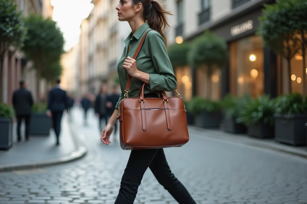Femme élégante en marche dans la ville avec un sac à main de travail cognac et ordinateur portable tendance 2026