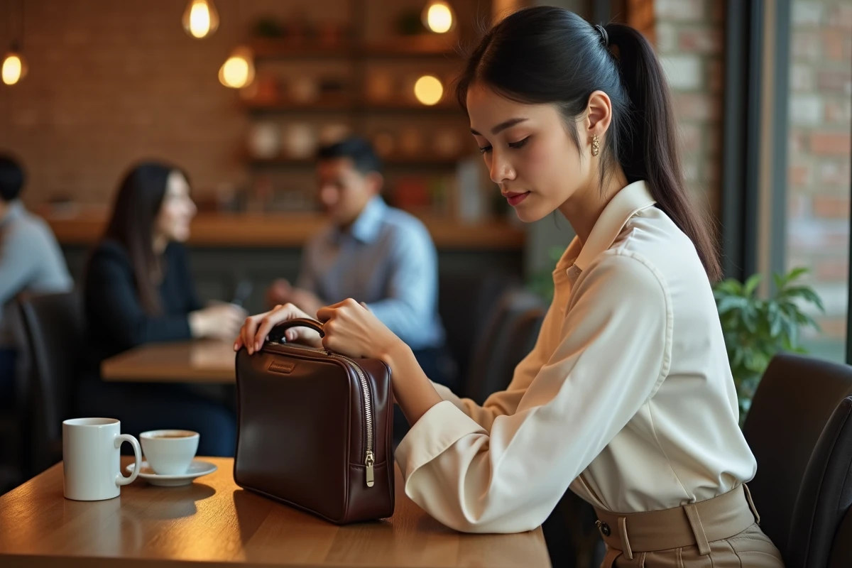 Femme assise dans un café posant sa sacoche cuir pour laptop sur une table en bois