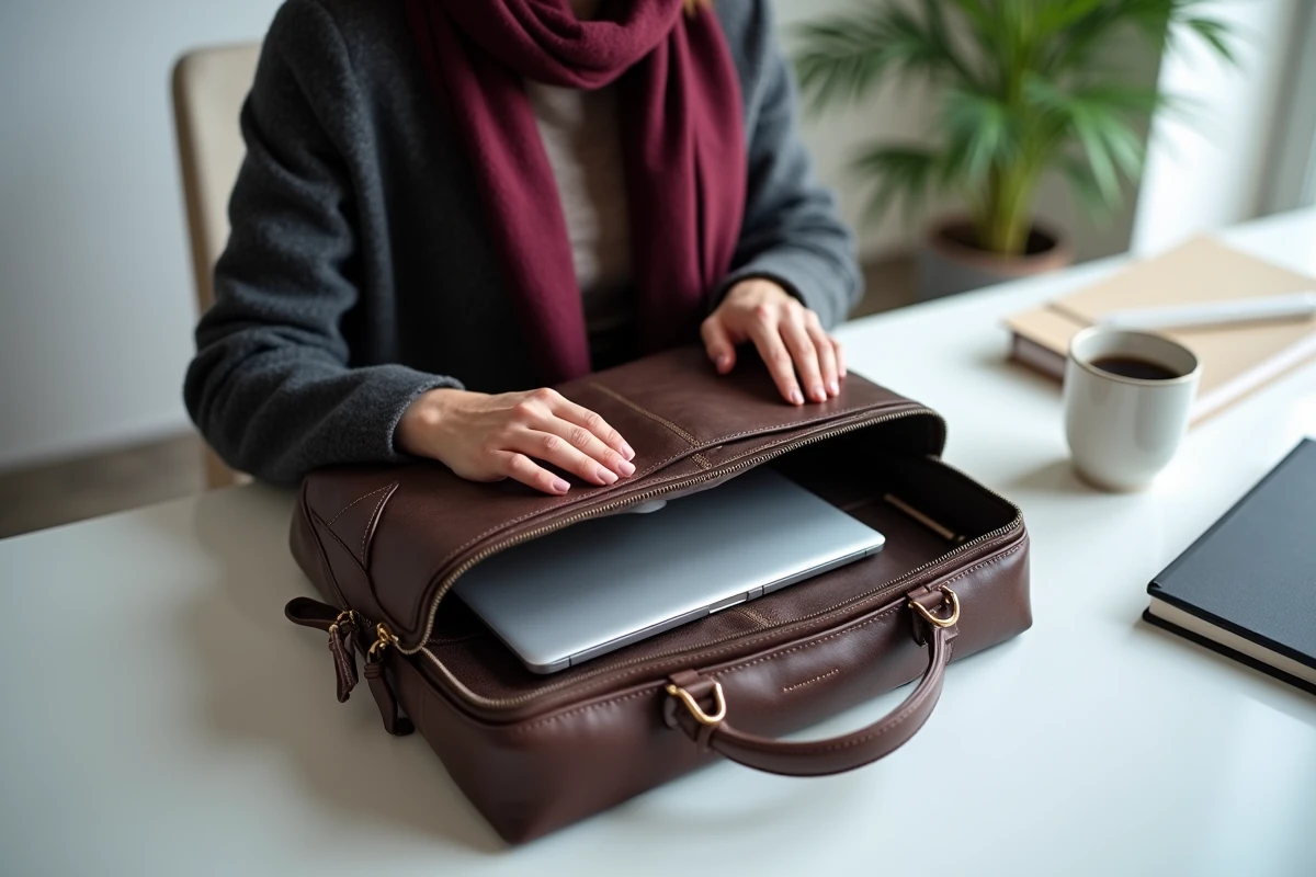 Femme ouvrant une sacoche cuir élégante pour ordinateur posée sur un bureau moderne