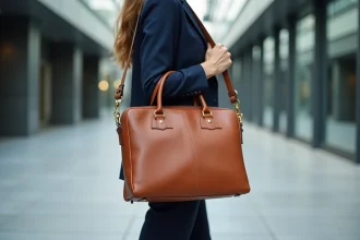 Femme professionnelle portant une sacoche cuir marron pour ordinateur en marchant en ville
