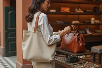 Femme examinant un sac en cuir italien de qualité dans une boutique florentine lors des soldes responsables 2026