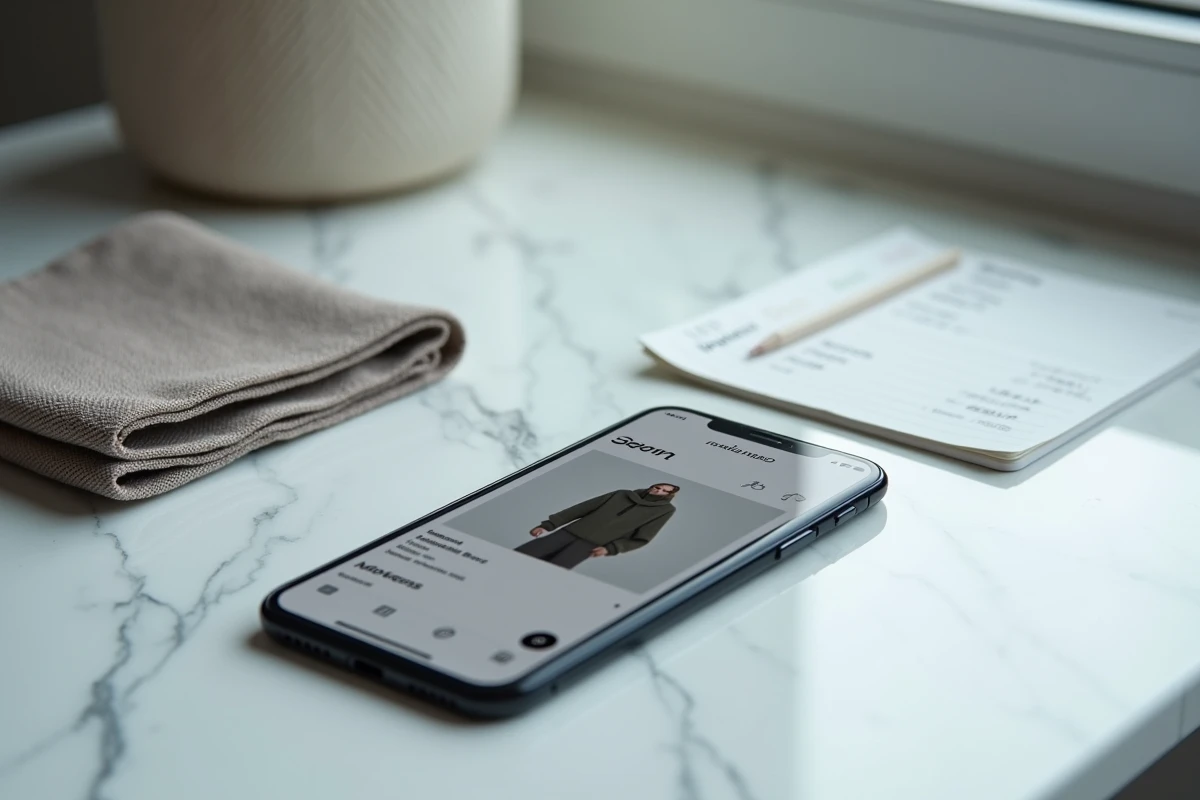 Écran de smartphone affichant une fiche produit de mode avec une marque non identifiée sur un comptoir en marbre