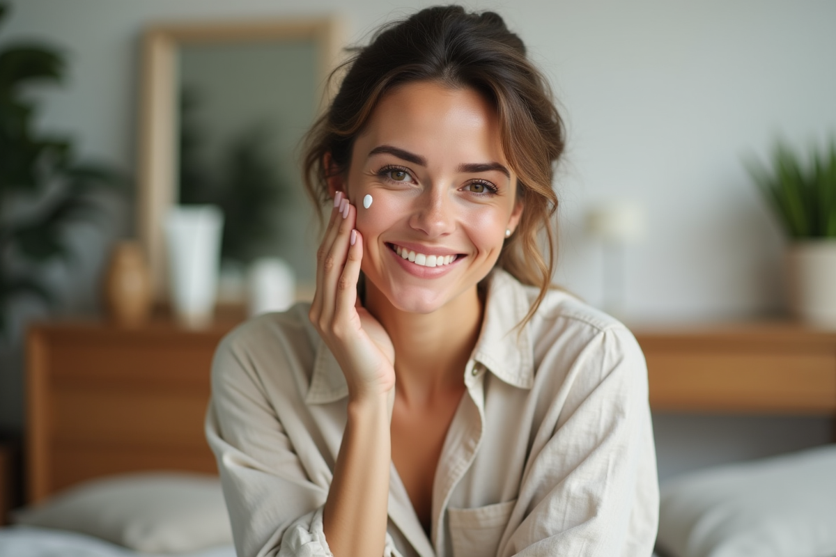Femme souriante appliquant une creme visage naturelle