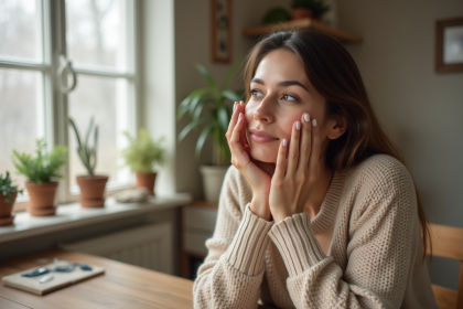 Femme appliquant crème visage en hiver dans un intérieur chaleureux