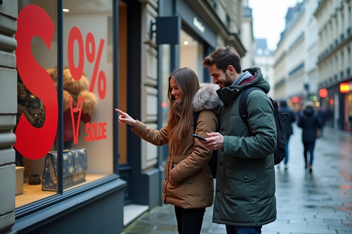 Couple devant une vitrine de magasin affichant les promotions des soldes d'hiver 2026 dans une rue française