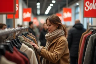 Femme en manteau d'hiver consultant les étiquettes de prix lors des soldes d'hiver 2026 dans une boutique française