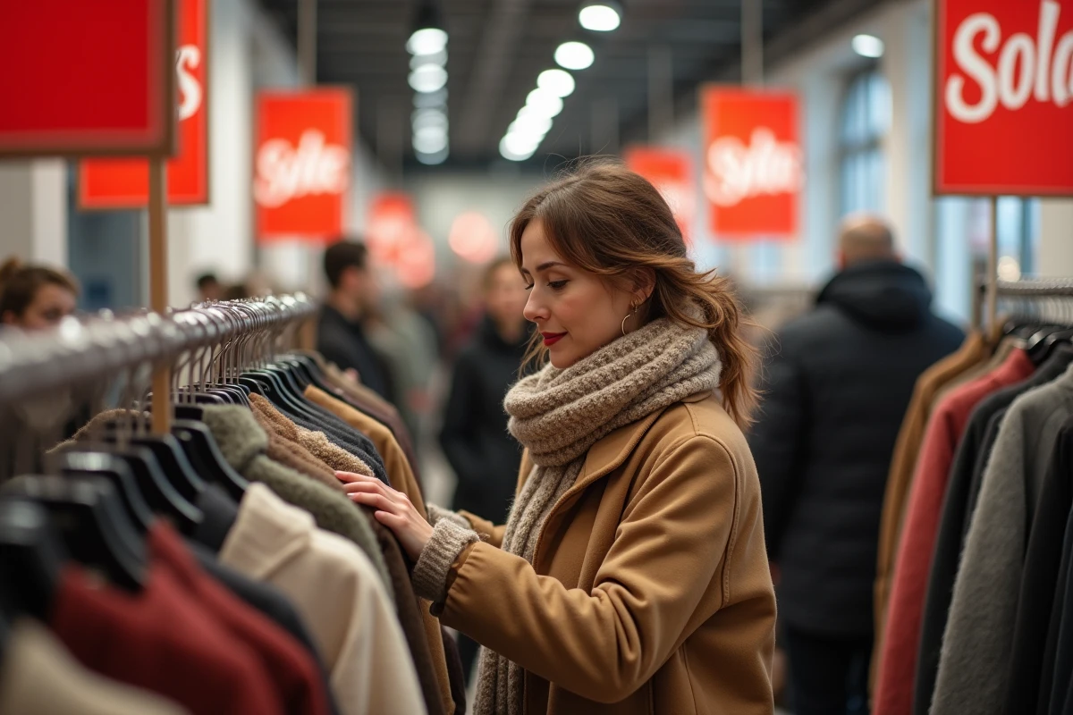 Femme en manteau d'hiver consultant les étiquettes de prix lors des soldes d'hiver 2026 dans une boutique française
