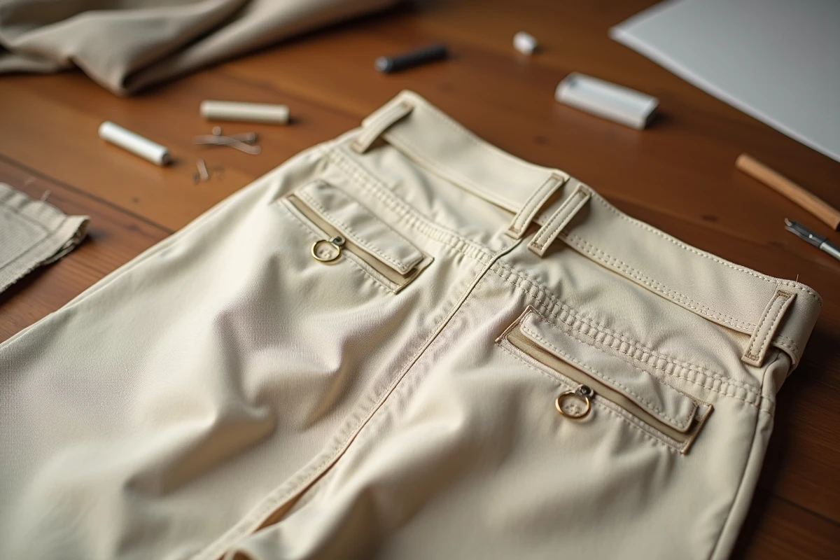 Gros plan sur la ceinture d'un pantalon beige avec pinces, élastique et ajusteur métallique pour éviter qu'il ne descende