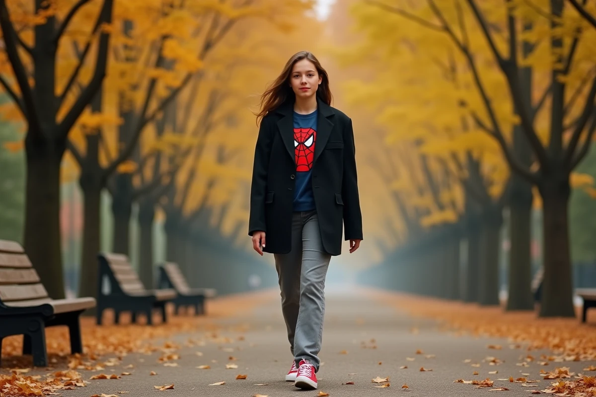 Adolescente en tee-shirt Spiderman sous un blazer noir avec pantalon gris et sneakers rouges dans une allée de parc en automne