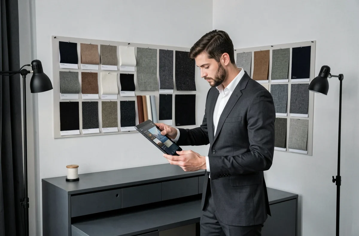 Tailleur de Swann Paris présentant des options de tissu sur tablette dans un studio sur mesure minimaliste parisien