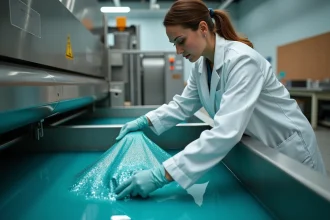 Technicienne textile plongeant un tissu polyester dans un bain de teinture industrielle teinte sarcelle dans une usine moderne