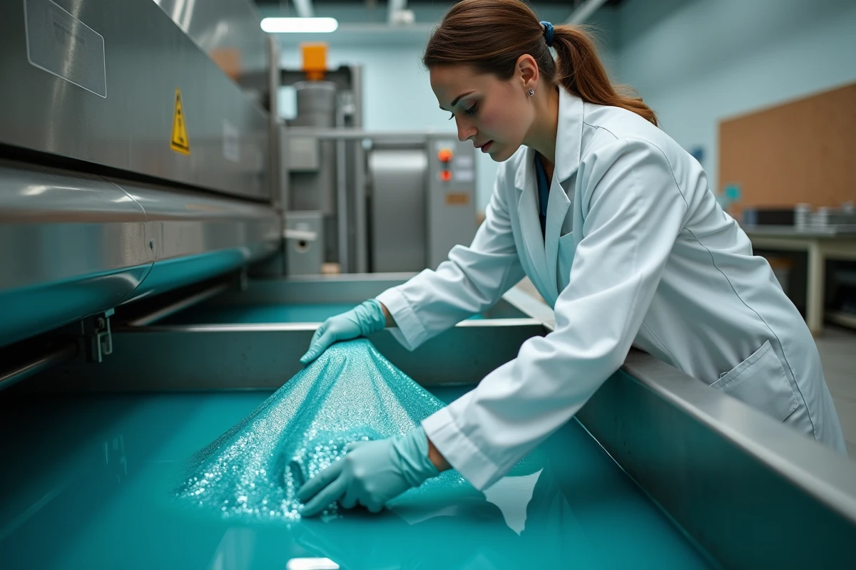 Technicienne textile plongeant un tissu polyester dans un bain de teinture industrielle teinte sarcelle dans une usine moderne