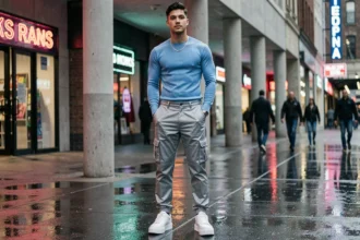 Jeune homme en tenue Y2K modernisée 2026 avec cargo argenté et top bleu côtelé dans une rue urbaine la nuit