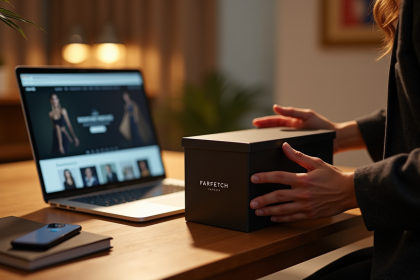 Personne déballant un article de luxe sur une table moderne
