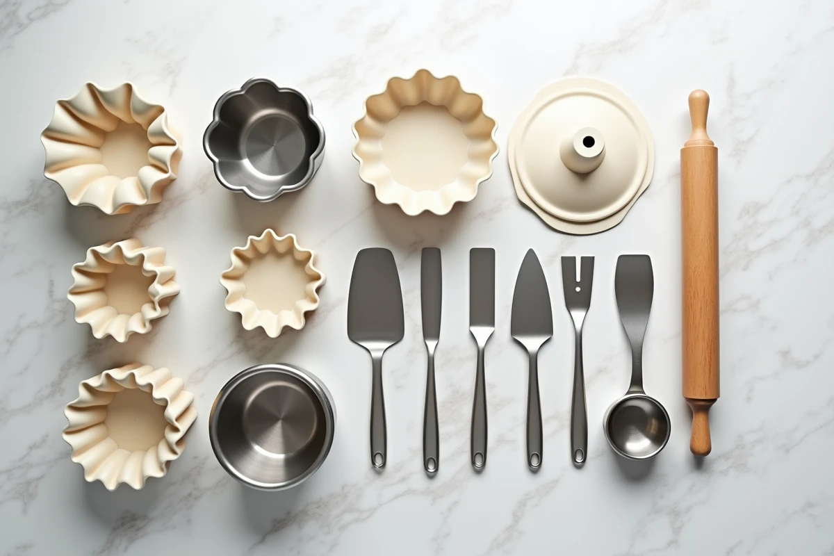 Vue de dessus d'un assortiment de moules et ustensiles de pâtisserie disposés sur un plan en marbre blanc