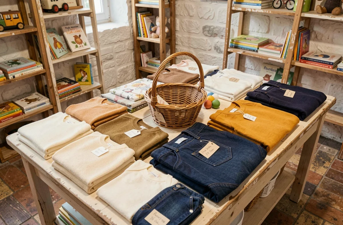 Table de présentation bien rangée dans une boutique de vêtements d'occasion pour enfants à Strasbourg, avec des vêtements pliés et des jouets vintage